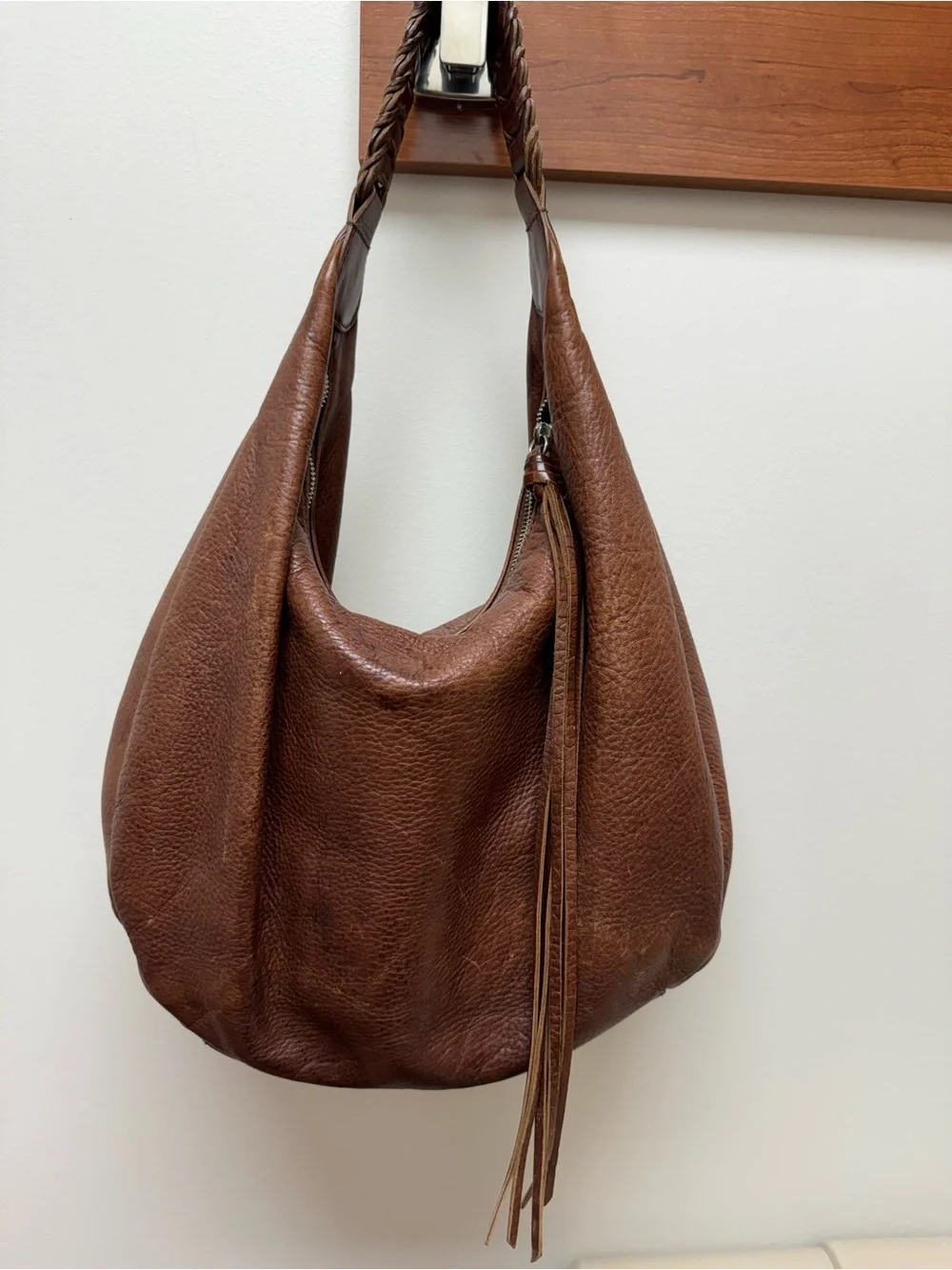 Banana Republic Vintage Brown Pebbled Leather Hobo Bag Braided Strap Tassel